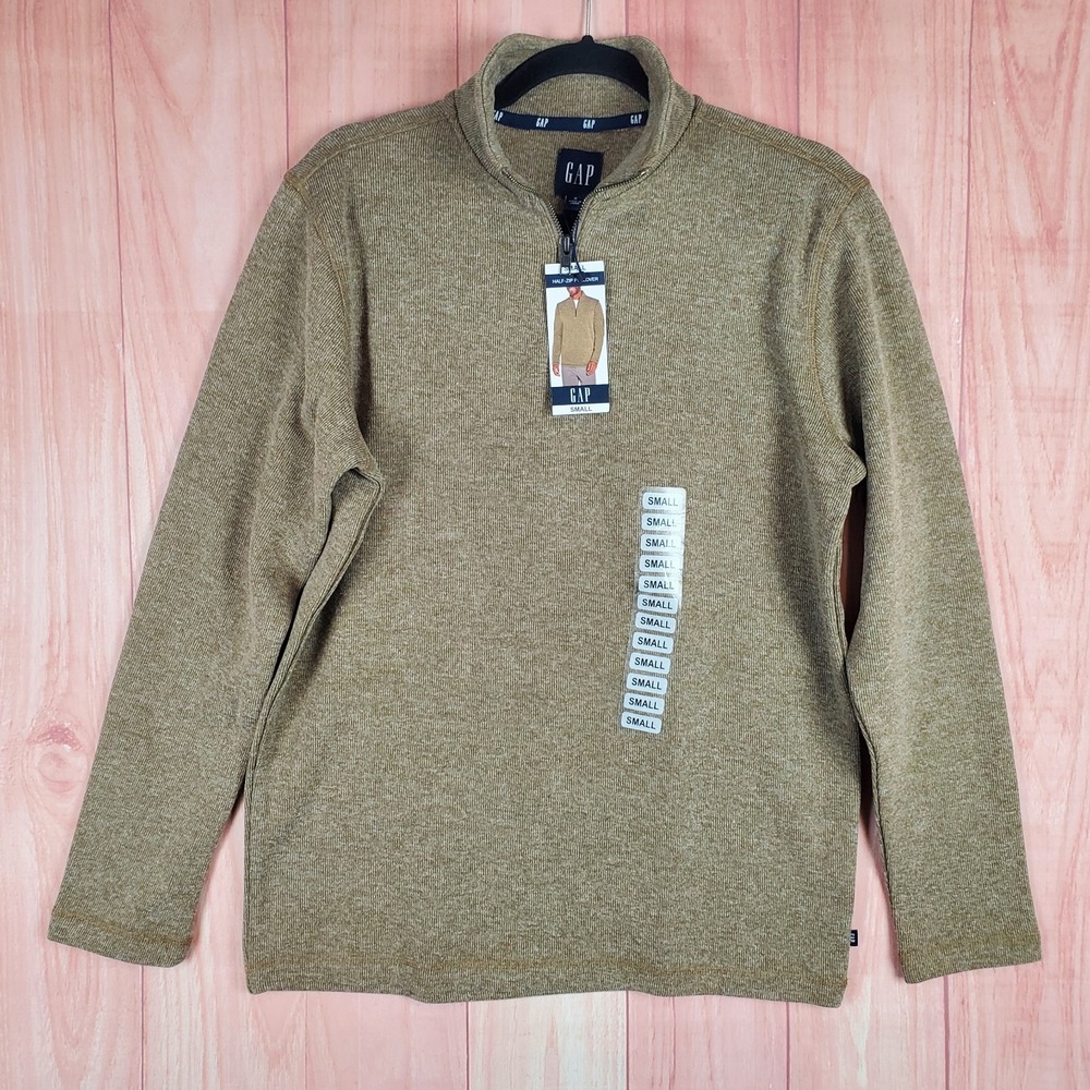 Gap Sweater Mens Small Tan Cotton Tight Knit Ribbed Mock Neck Quarter Zip Winter